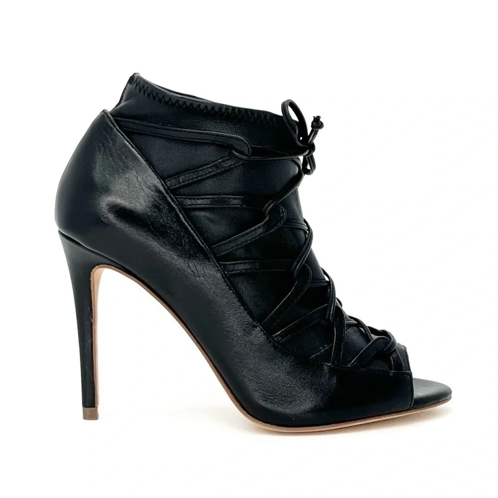 Elie Tahari Orin Heeled Booties Size 6.5 Black Leather Peep Toe Laced EUC